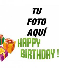 Fotomontaje para hacer una tarjeta de cumpleaños con tu fotografía con el texto HAPPY BIRTHDAY