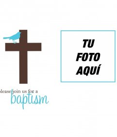 Postal con cruz y pajarillo azul para invitación a bautizo