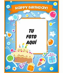 Tarjeta para felicitar el cumpleaños y poner una foto online con una tarta, globos y regalos con efecto pegatina