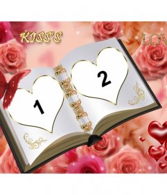 Marco para fotos personalizable con dos fotos diferentes. Libro del amor con ornamentos de rosas