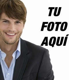 Fotomontaje con Ashton Kutcher vestido de traje con barba de tres días y el pelo corto para tener una foto con él