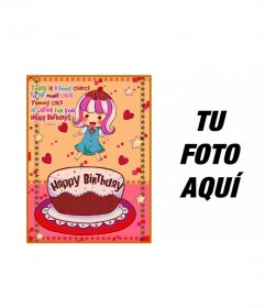 Tarjeta de cumpleaños para niños. Con una foto de una niña con un pastel, corazones y estrellas