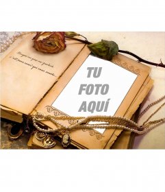 Libro antiguo con adornos y una frase para añadir tu foto 