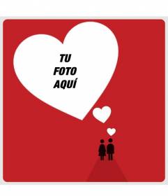 Tarjeta de amor de San Valentín roja con corazones blancos y una pareja dibujada en la que puedes colocar una foto dentro de un corazón y añadir un texto