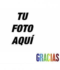 Tarjeta de agradecimiento con un gran -Gracias- del color del arcoíris junto a tu