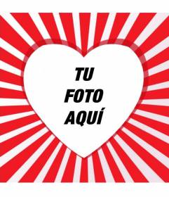 Marco de fotos con forma de corazón y rayos rojos y blancos para colocar la foto con tu pareja en el centro y añadir texto