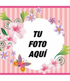 Postal para el día de la madre con fondo rosa con flores y mariposas para customizar con foto y texto para felicitarla
