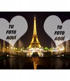 Fotomontaje con la Torre Eiffel iluminada en París y dos corazones donde colocar tus fotos