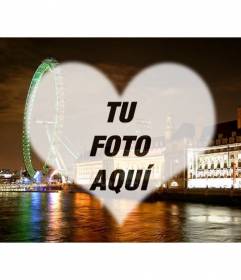 Fotomontaje de amor en Londres con un paisaje del London eye y un marco con forma de corazón en el que poner tu foto