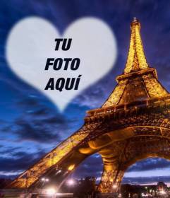 Fotomontaje en París con la Torre Eiffel iluminada y un marco en el cielo con forma de corazón semitransparente donde colocar tu foto