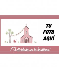 Felicitación de bautizo rosa con un dibujo de una iglesia y un carrito