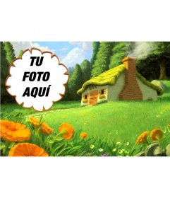 Collage con una casita en medio de los bosques rodeada de flores naranjas
