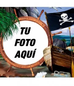 Collage para fotos de piratas con una bandera, un barco y tesoros, para poner tu foto en un timón