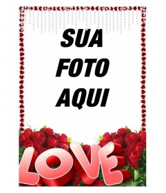 Moldura para fotos de jovens corações com o amor de texto e rosas