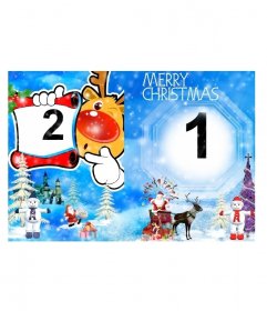 Cumprimento do Natal do cartão de dobramento que descreve uma paisagem de neve com abeto e bonecos de neve