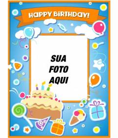Cartão de aniversário para felicitar o aniversário e colocar uma imagem online com um bolo, balões e presentes com efeito adesivo