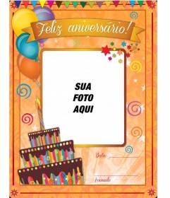 Cartão de feliz aniversário com um bolo e balões para personalizar com uma foto e um texto online