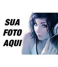 Desenho mangá menina com fone de ouvido olhando a câmera