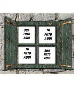 Colagem de colocar quatro fotos em uma janela de madeira verde em uma parede de