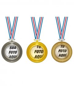 Colagem com três medalhas de ouro, prata e bronze, para colocar no centro três fotos de campeões