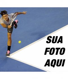 Fotomontagem com Roger Federer e sua imagem na quadra de tênis