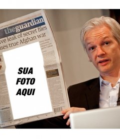 Montagem para colocar a sua foto em um jornal que você está lendo fundador do WikiLeaks, Julian Assange