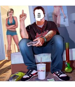 Fotomontagem com uma ilustração GTA V em que há um cara em sua sala de jogos de vídeo e sua namorada está com raiva na porta