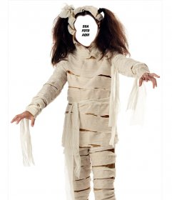 Fotomontagem de uma menina disfarçada como uma múmia para o Halloween que você pode editar