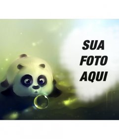 Fotomontagem com um panda desenhado soprando uma bolha de sabão e um buraco no lado direito para colocar uma foto