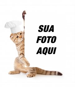 Fotomontagem com um gato vestido de cozinheiro segurando sua foto