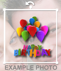 Etiqueta com balões e texto feliz aniversário que você pode colocar suas fotos on-line e fazer um cartão postal