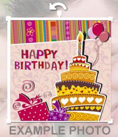 Etiqueta de felicitar um aniversário com a imagem de um bolo em uma festa que você pode incorporar em suas fotos. Com texto Feliz aniversário, um bolo com uma vela de aniversário e ornamentos desenhados