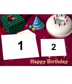 Cartão de aniversário par colocar duas de suas fotos. Com bolo e presentes