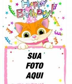 Moldura de foto que inclui uma fotografia, que aparece gato desenhado. feita para usar como cartão de aniversário 
