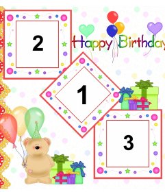 Cartão postal / cartão de aniversário para 3 fotos com balões e presentes ursinho de pelúcia