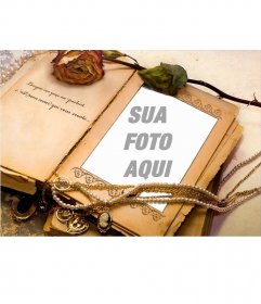 Livro velho com ornamentos e uma frase para adicionar sua foto 