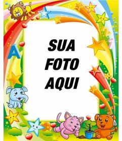 Quadro agradável, com muitas cores e vários desenhos, leão, elefante e estrelas