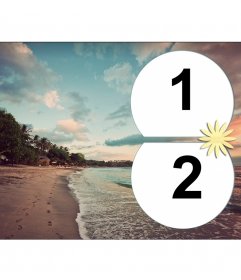 Colagem de amor em uma praia tropical para colocar duas fotos no mar quando o sol cai
