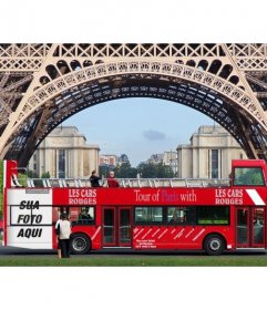 Introduza sua foto em um cartaz anunciando um ônibus de excursão sob a Torre Eiffel, em Paris