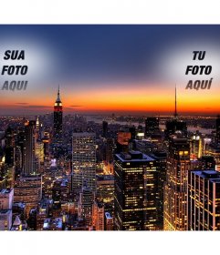 Nesta colagem Sua foto aparece duas vezes, expressos no céu de Nova York. Espetacular imagem de um pôr do sol com as luzes dos arranha-céus iluminados