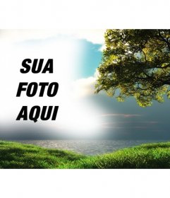 Fotomontagem com uma paisagem com o mar ao fundo e uma árvore no campo verde onde você pode fazer upload de uma imagem que irá aparecer integrado com o céu azul
