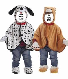 Fotomontagem de bebês gêmeos vestido como um ursinho de pelúcia e um dálmata e personalizar com outros rostos