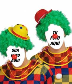 Fotomontagem com dois palhaços fantasiados com nariz vermelho e boné cores peruca