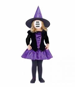 Fotomontagem da menina vestida como uma bruxa para colocar seu rosto