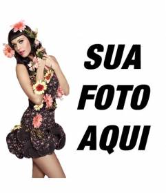 Fotomontagem com a cantora Katy Perry com flores e estilo pinup com vestido preto e cabelo preto com estrondo