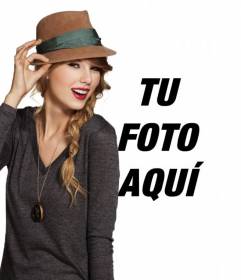 Fotomontagem com Taylor Swift em que você vai aparecer com a cantora vestindo um chapéu e lábios vermelhos