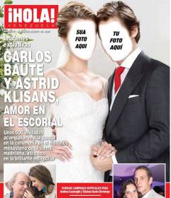 Fotomontagem em que você pode aparecer na revista "Olá" capa com o seu parceiro vestindo vestidos de noiva com o vestido de casamento branco e terno de casamento