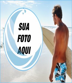 Colagem com sua foto e um surfista na praia