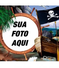 Composição com uma bandeira de pirata, um navio e tesouros, para colocar sua foto em um leme. Docks