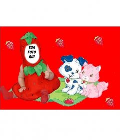 Costume virtuale per i bambini di una fragola con uno sfondo rosso e cuccioli